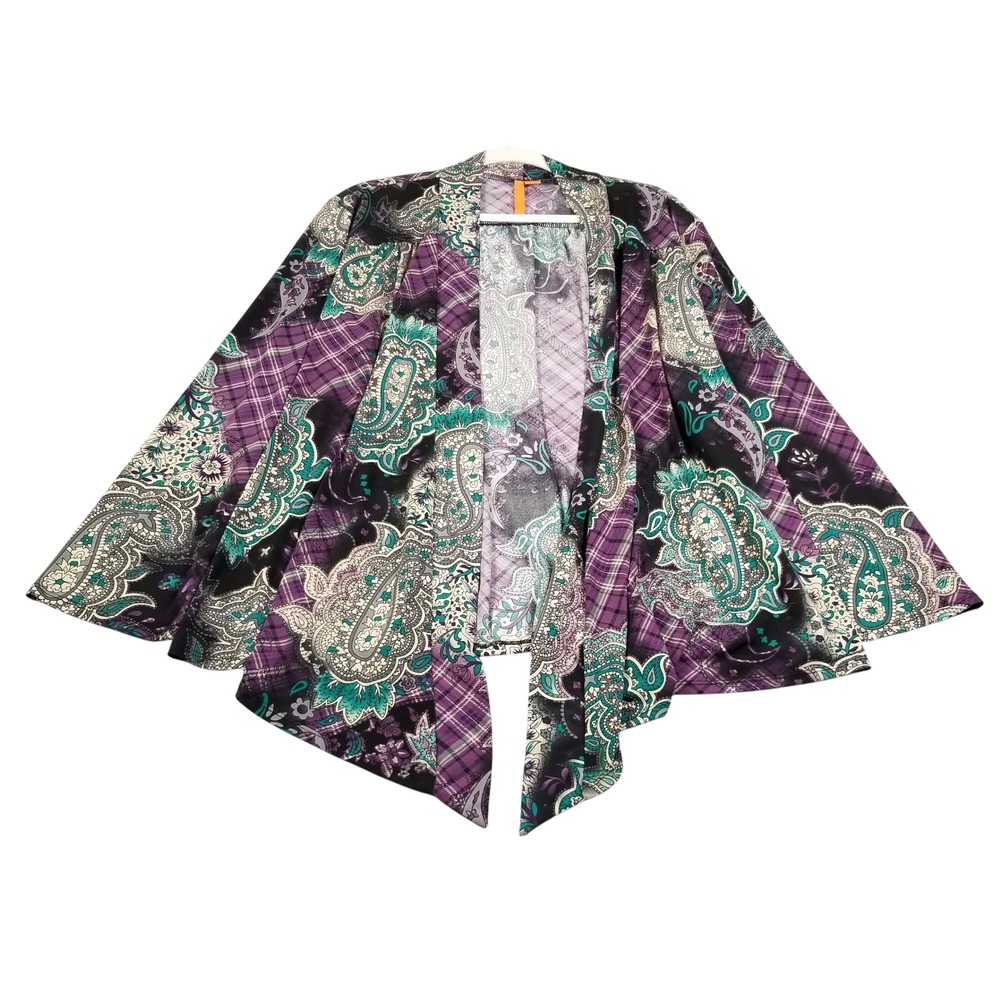 Sunny Leigh Cardigan Woman 2X Plus Paisley Plaid Open Front Stretch Long Sleeves